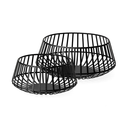 Set of 2 black metal wire decorative bowls with modern geometric design - front view showing open weave construction perfect for contemporary home decor