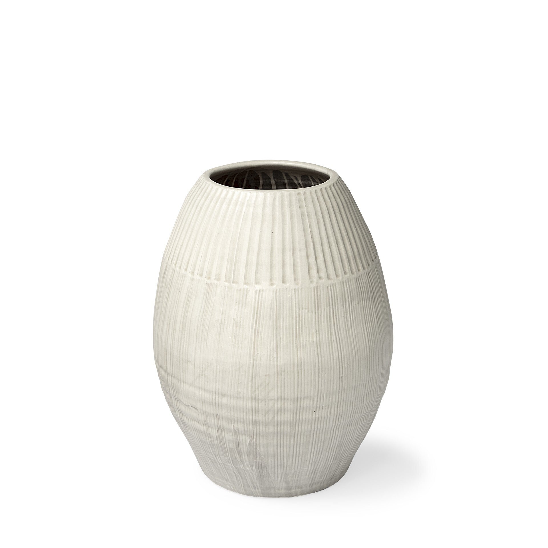 21 inch petite white embossed stripes ceramic vase with matte finish and contemporary tall narrow design
