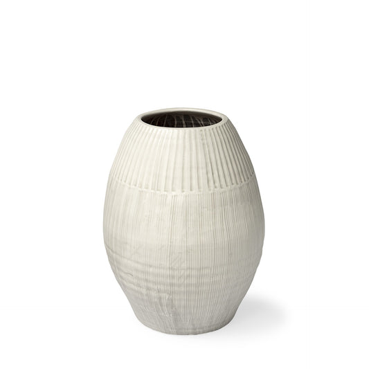 21 inch petite white embossed stripes ceramic vase with matte finish and contemporary tall narrow design
