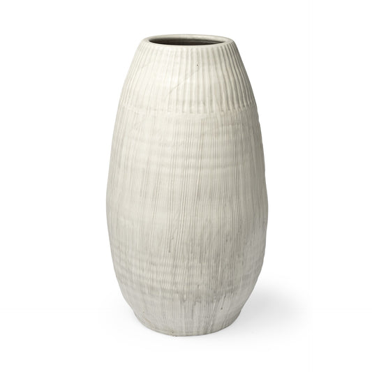 29 Inch White Embossed Stripes Ceramic Floor Vase - Front View Showing Matte Finish Perfect for Modern Minimalist Home Decor
