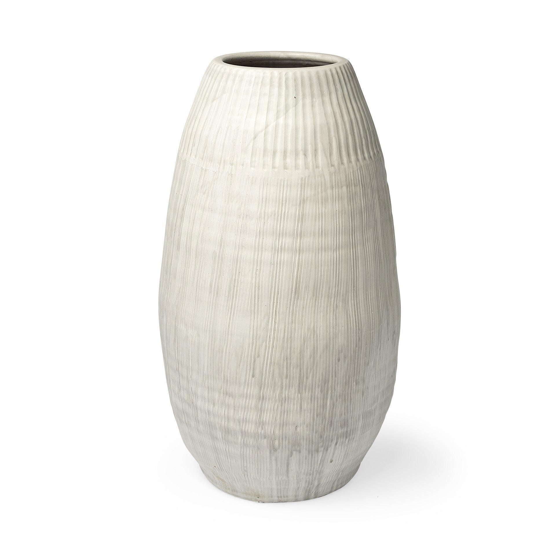 White Ceramic Floor Vase - Close-Up Detail of Embossed Stripe Pattern Creating Depth and Texture
