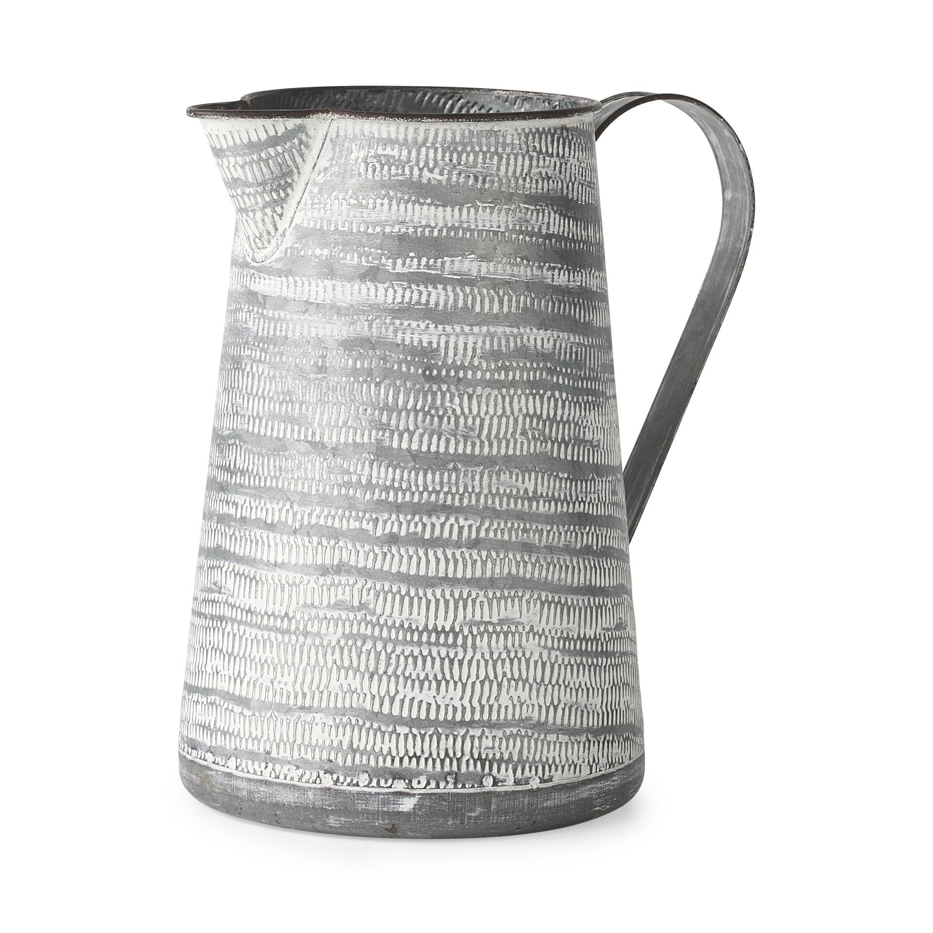 11 inch gray and white abstract metal jug vase with farmhouse style, rustic pitcher design for home decor
