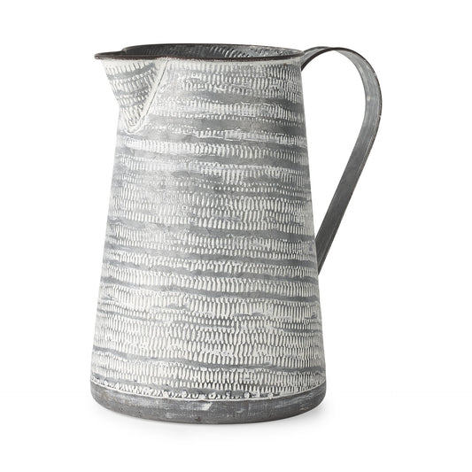 11 inch gray and white abstract metal jug vase with farmhouse style, rustic pitcher design for home decor
