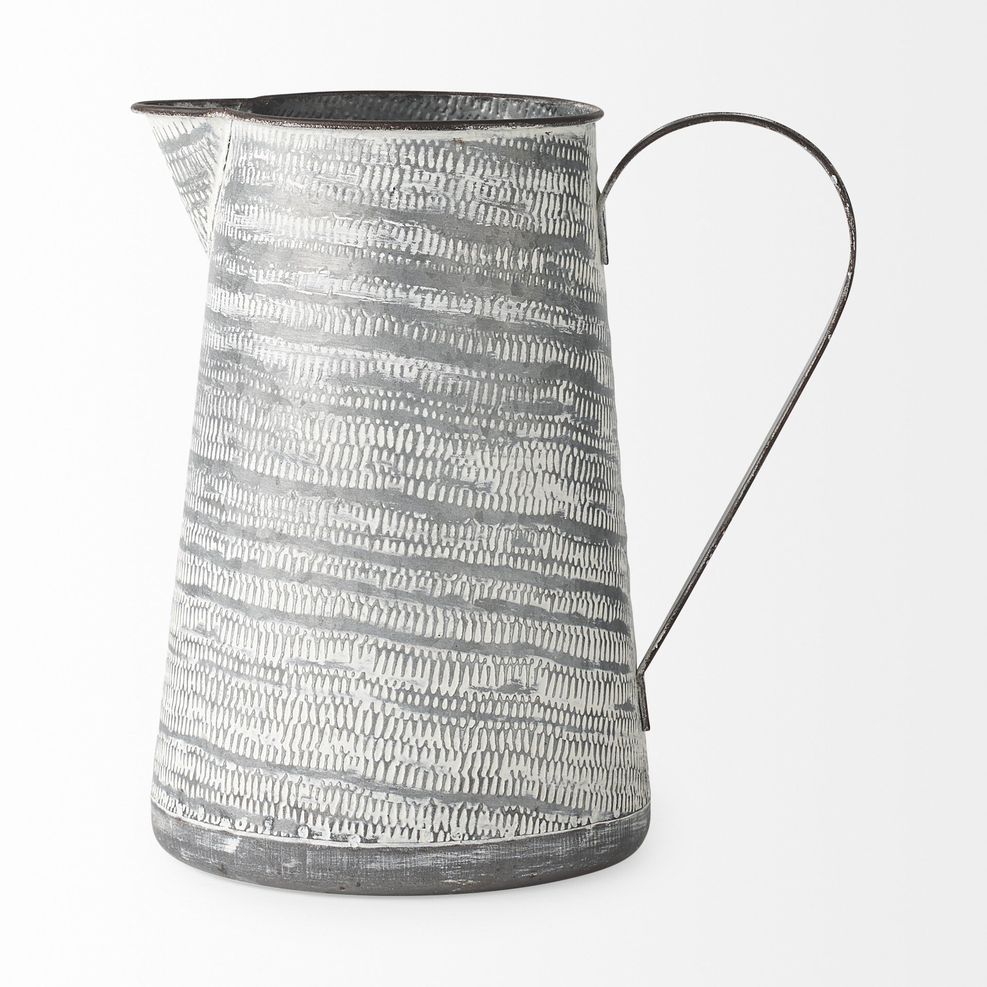 Abstract metal pitcher vase in gray and white with rustic charm, 11 inch modern farmhouse decor
