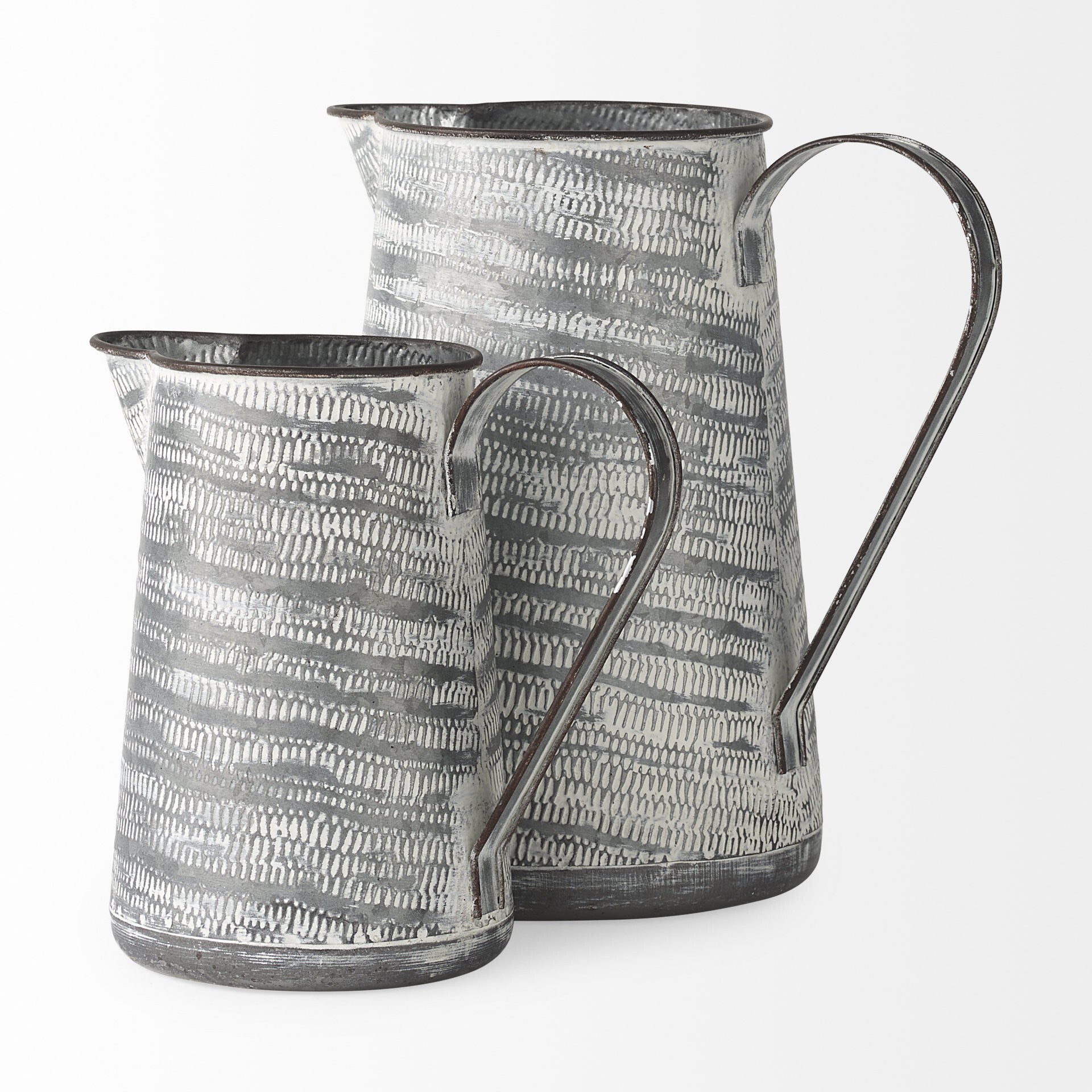 Rustic gray and white metal pitcher vase showing vintage distressed finish, 11 inch farmhouse accent
