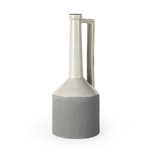 16 inch gray and off white ceramic tall jug vase farmhouse pitcher vase with classic handle design
