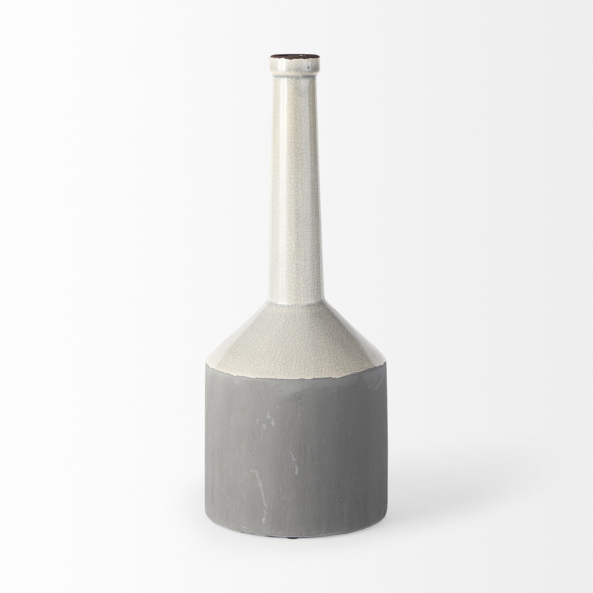 Farmhouse ceramic pitcher vase gray and off white side view displaying tall 16 inch height
