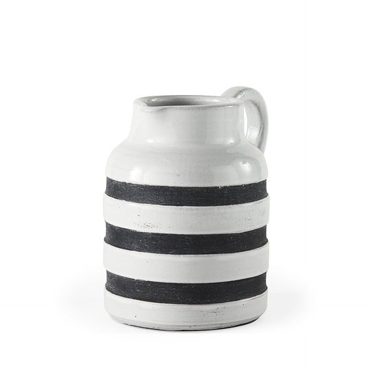 7 inch rustic white and blue stripe ceramic jug with weathered finish, farmhouse pitcher with handle for vintage decor
