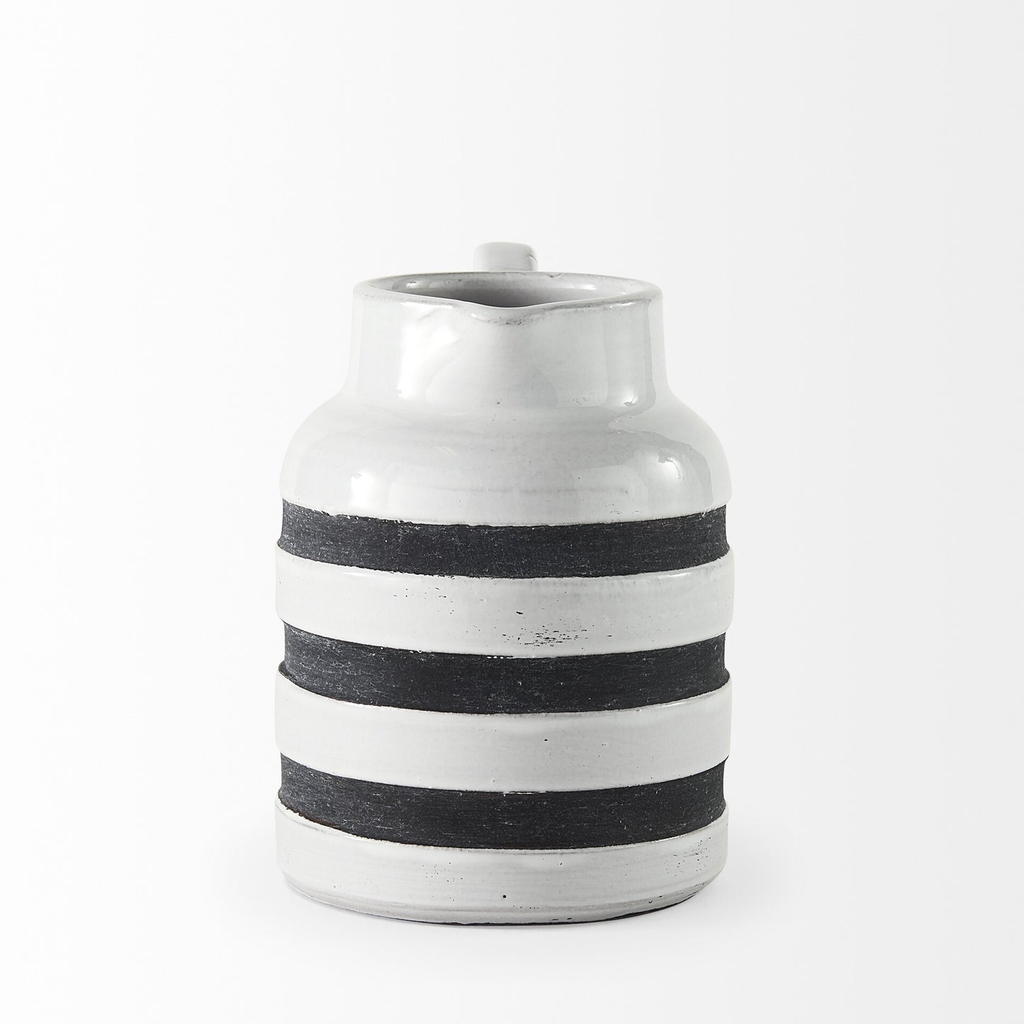 Rustic farmhouse ceramic pitcher close-up displaying three blue stripes and distressed white finish
