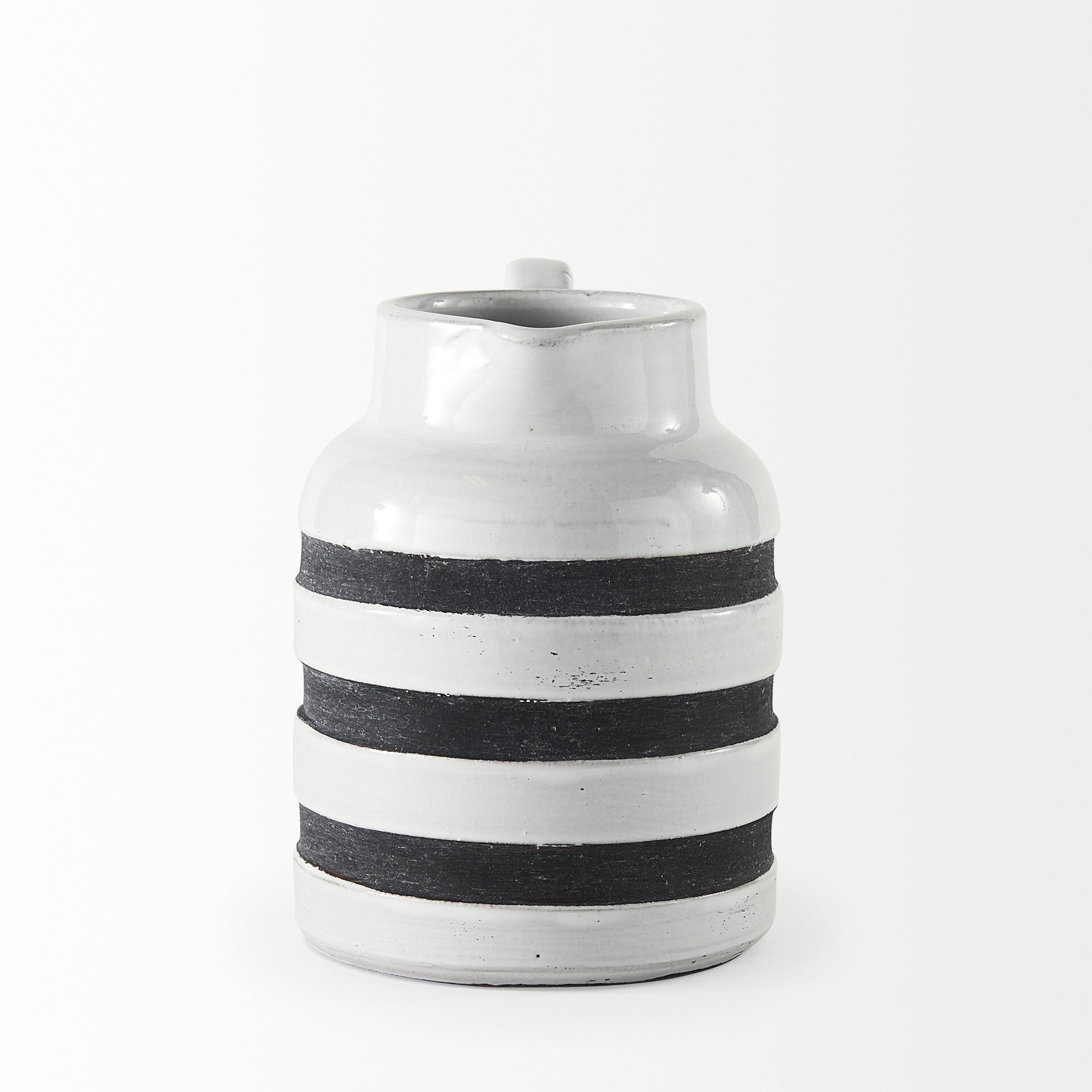 Rustic farmhouse ceramic pitcher close-up displaying three blue stripes and distressed white finish
