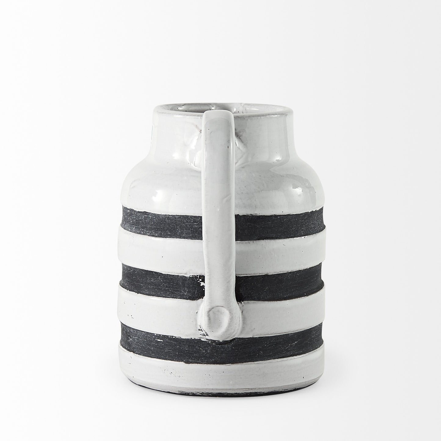 Vintage style ceramic jug showing weathered rustic finish and classic blue white stripe pattern
