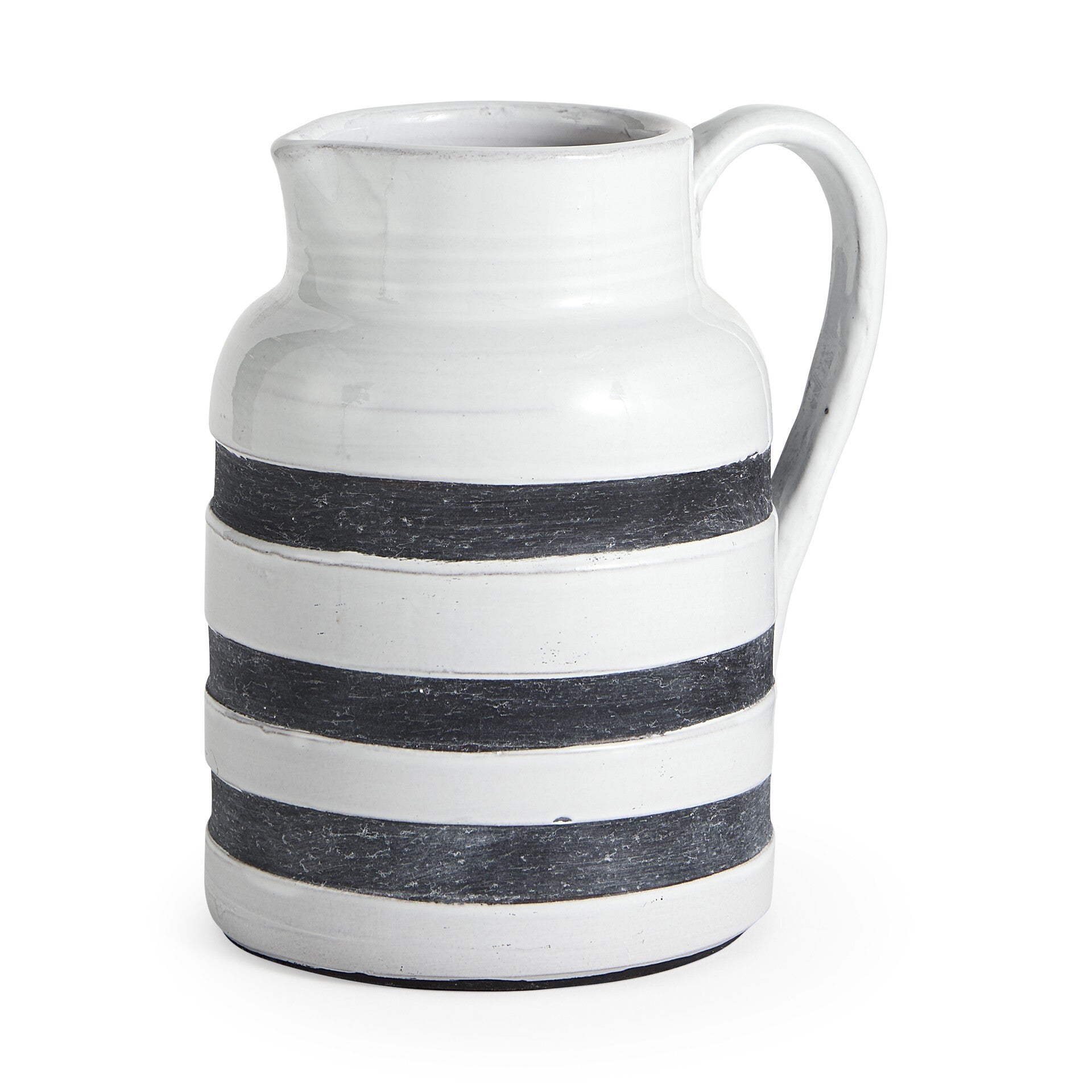 9 inch rustic white and blue stripe ceramic jug with weathered finish, farmhouse pitcher with handle for vintage decor
