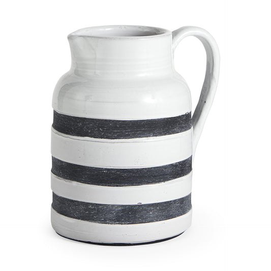 9 inch rustic white and blue stripe ceramic jug with weathered finish, farmhouse pitcher with handle for vintage decor
