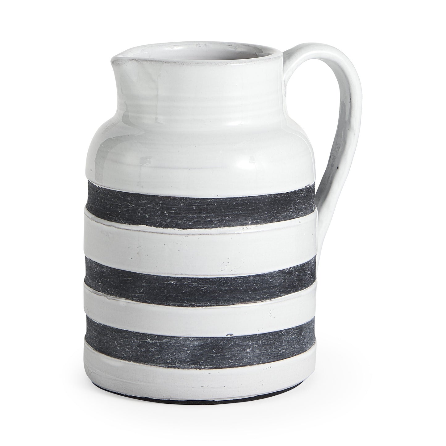 White blue striped ceramic jug showing rustic weathered glaze and midnight blue stripes around body
