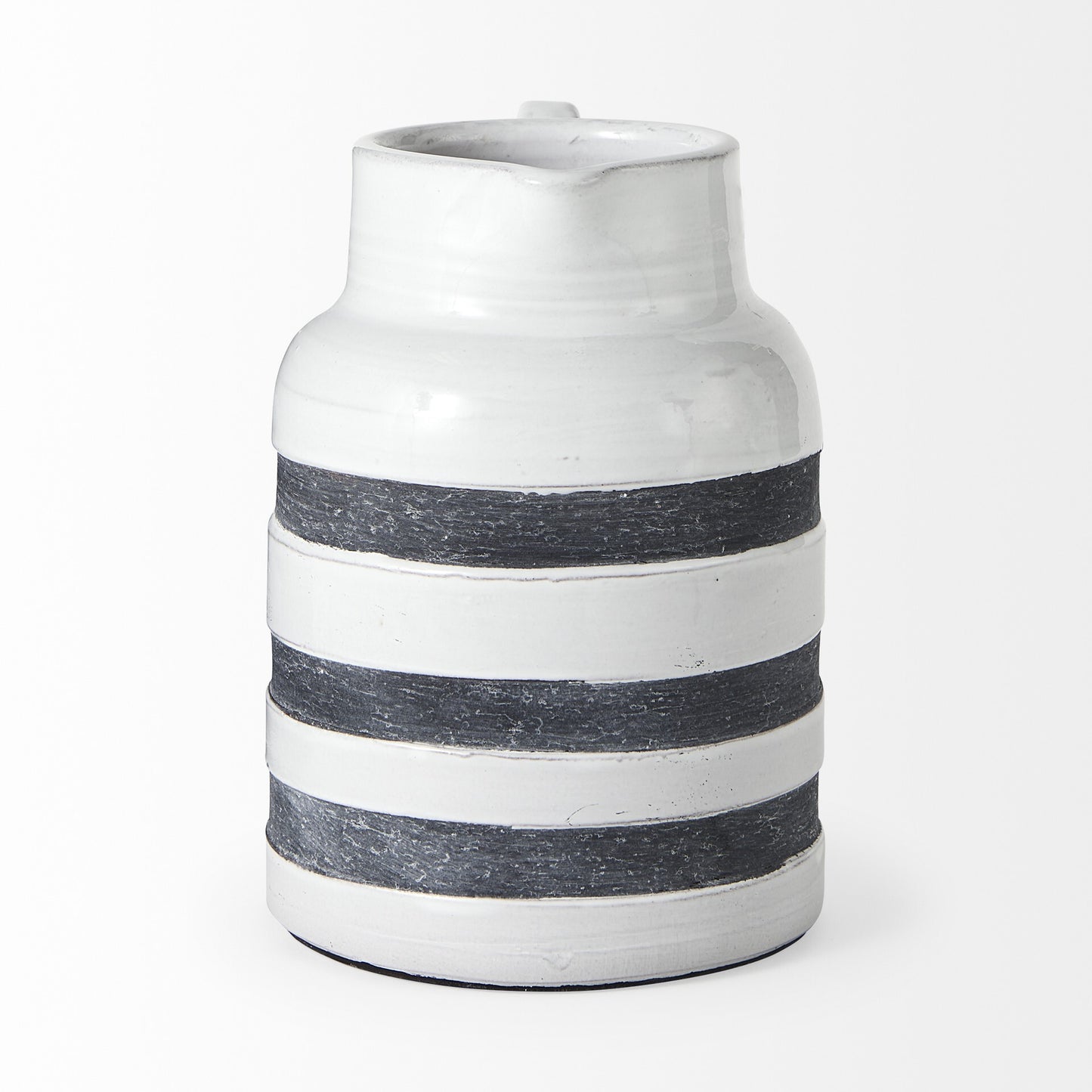 Rustic farmhouse ceramic pitcher close-up displaying three blue stripes and distressed white finish

