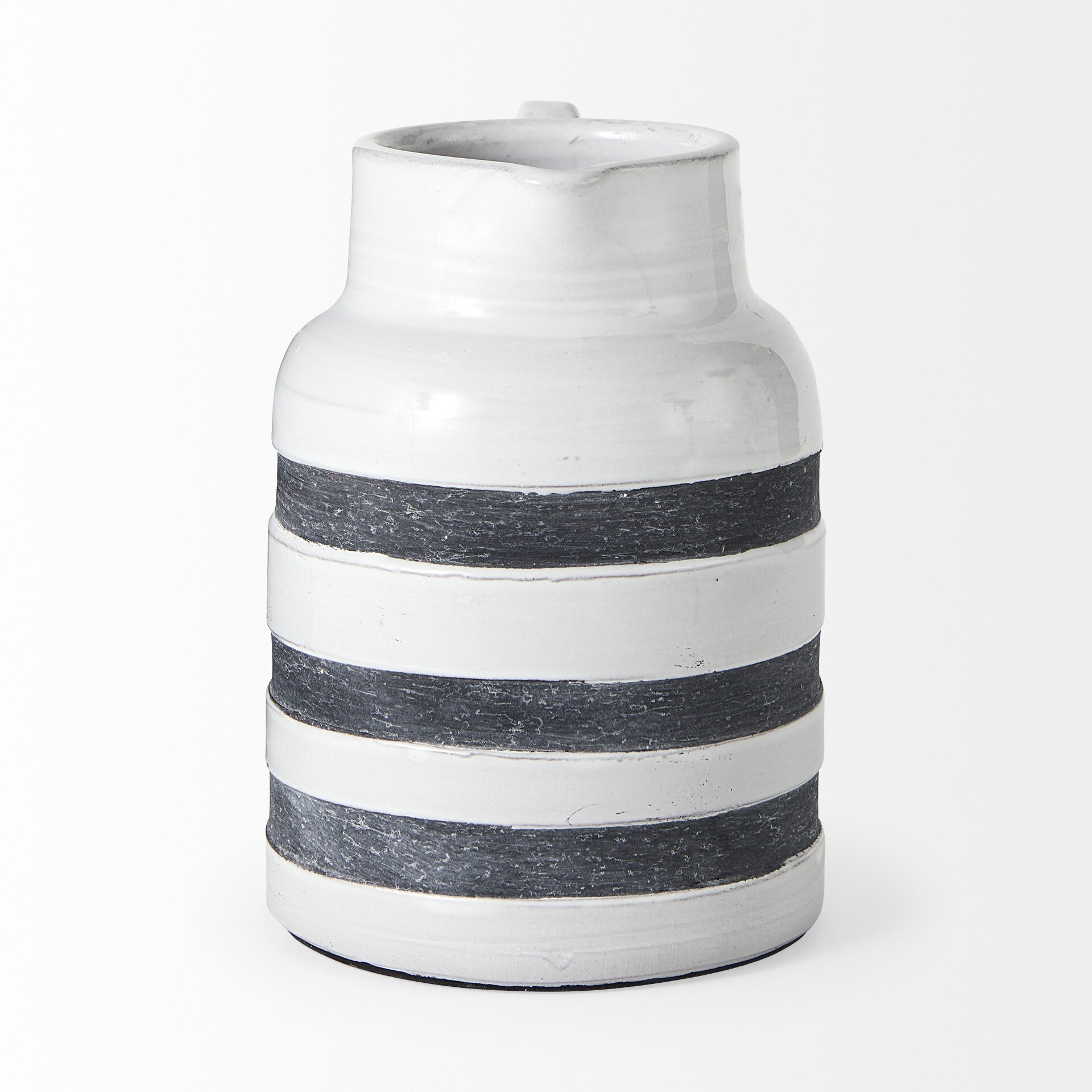 Rustic farmhouse ceramic pitcher close-up displaying three blue stripes and distressed white finish
