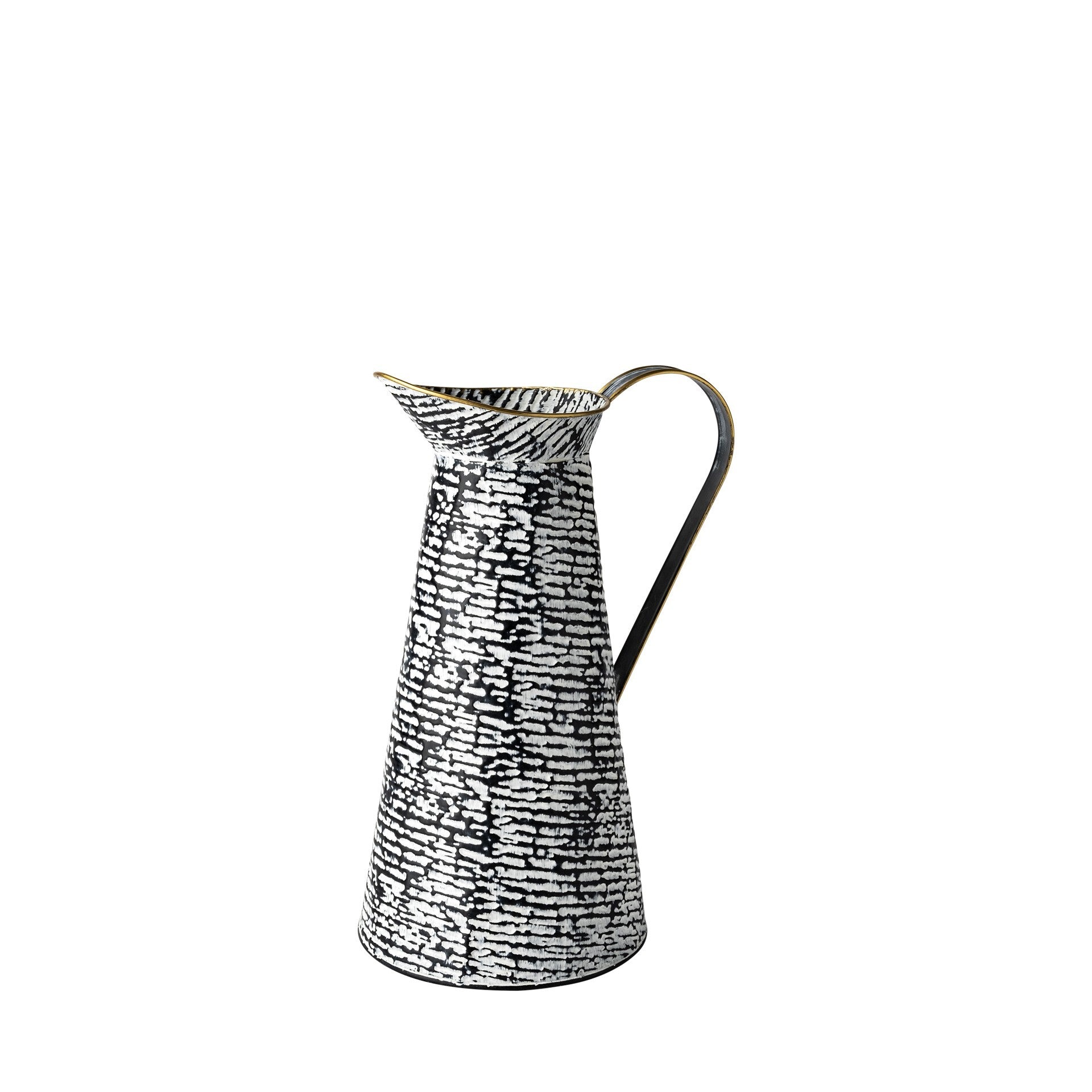 14 inch black and white metal abstract jug vase with gold accents, contemporary cylinder pitcher table decor
