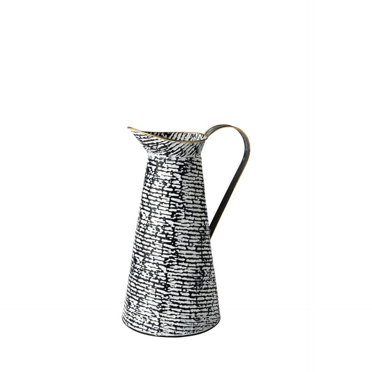 14 inch black and white metal abstract jug vase with gold accents, contemporary cylinder pitcher table decor
