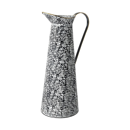 20 inch black and white textured metal jug vase with gold accents, contemporary pitcher design for home decor

