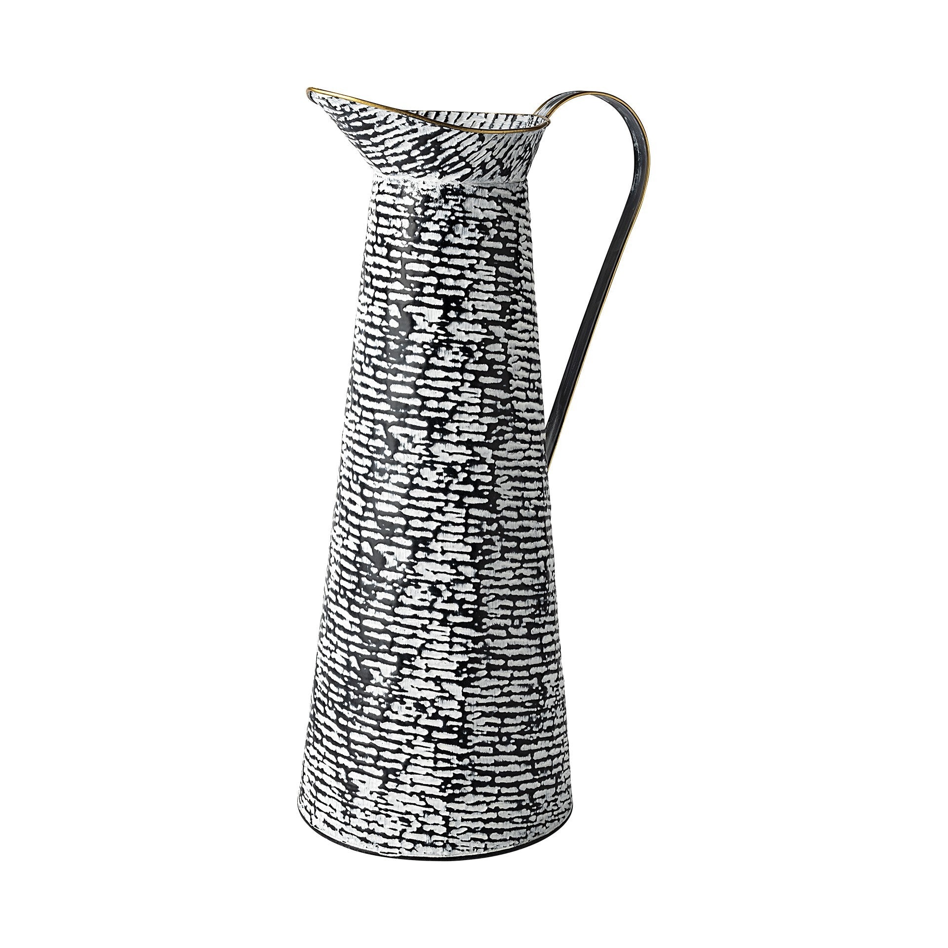 Black white textured metal vase side view showing gold lacquer trim on curved spout and handle
