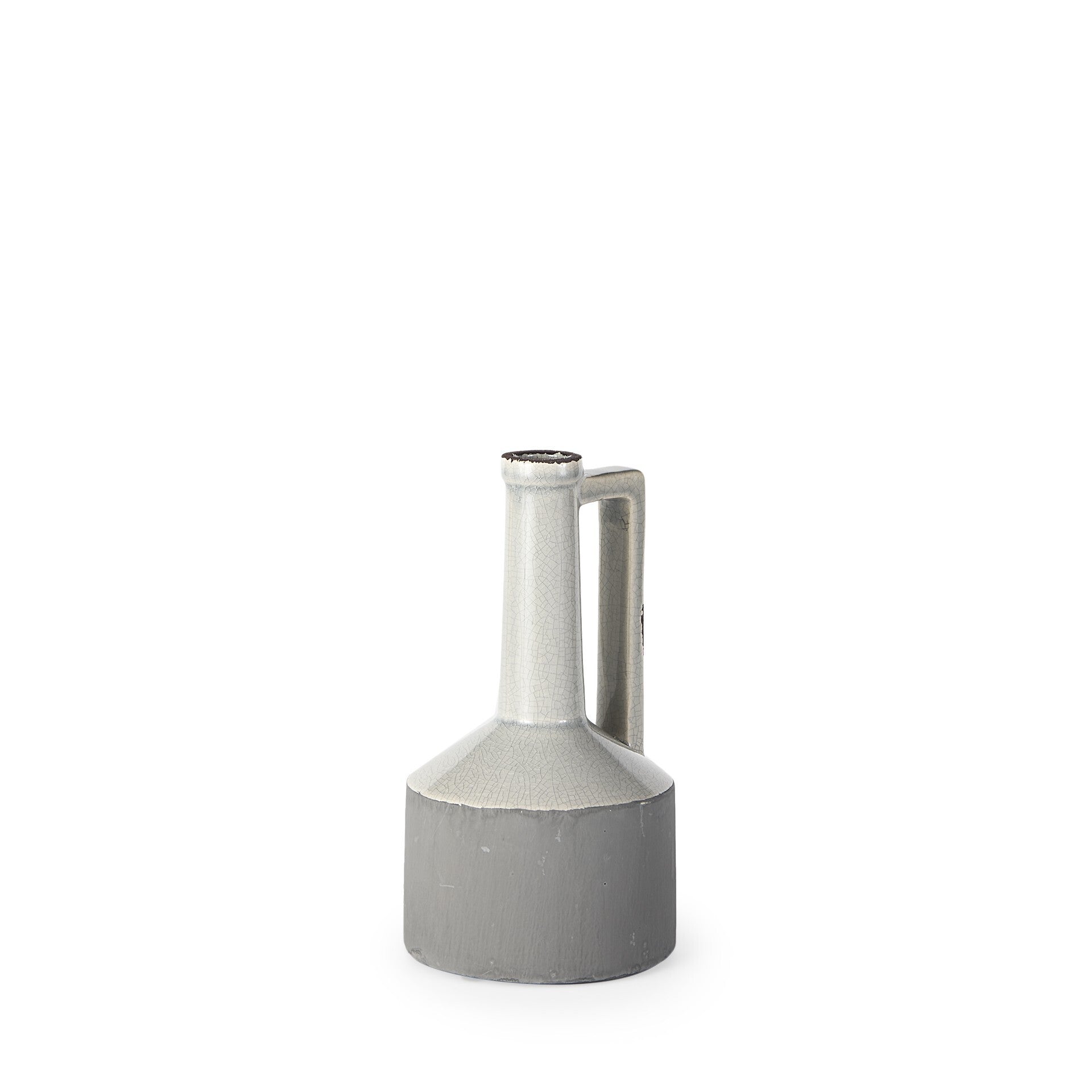 Farmhouse ceramic pitcher vase gray and off white side view displaying compact 9 inch height
