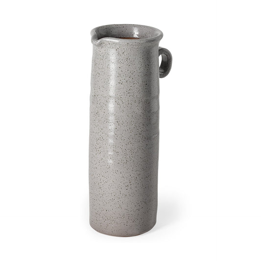 Tall gray speckle decorative ceramic jug vase with organic shape and artisan finish on white background
