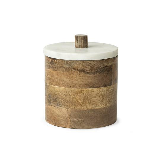 6.7 inch petite brown wooden round storage box with white lid and brown handle, rustic kitchen organizer
