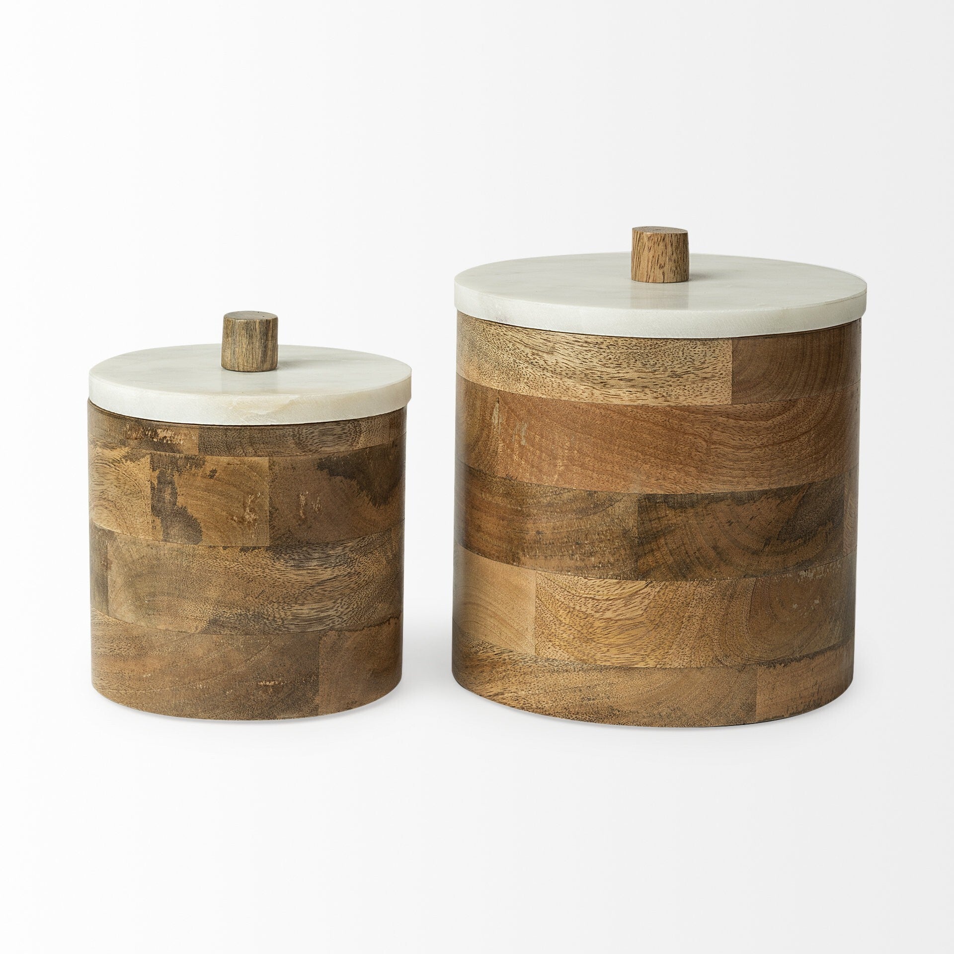 Brown wooden cylindrical box side angle showing stacked wood pattern and natural finish
