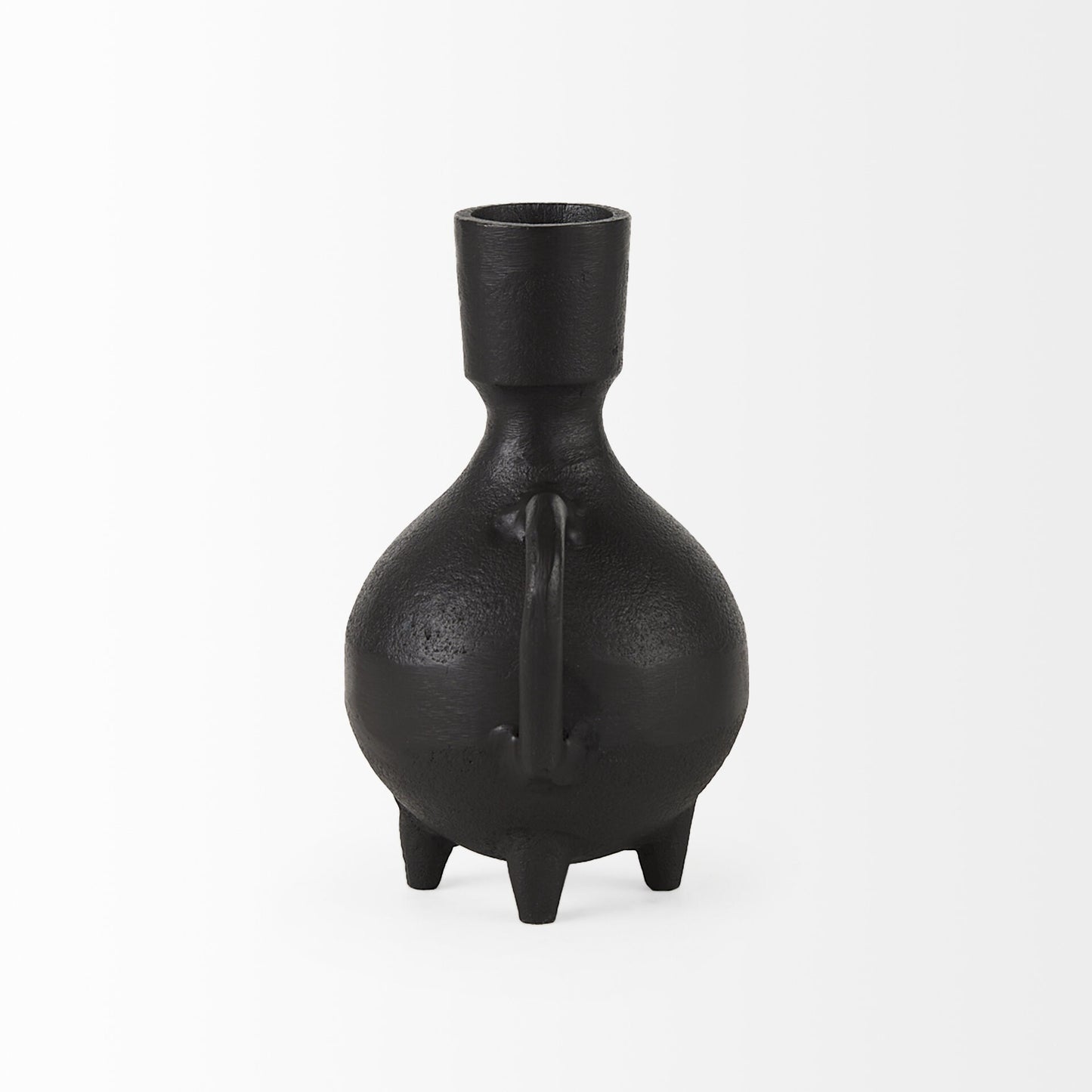 Matte black ceramic vase side view displaying 5 inch depth and rustic weathered appearance
