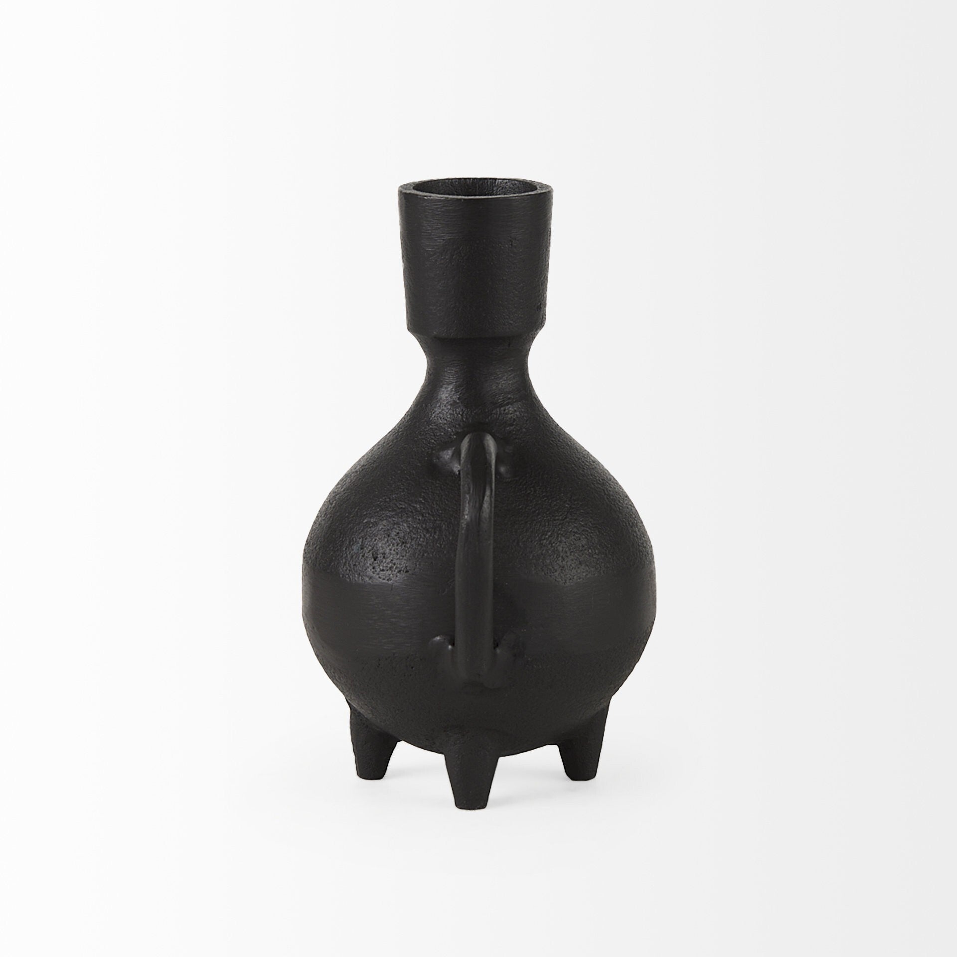 Matte black ceramic vase side view displaying 5 inch depth and rustic weathered appearance
