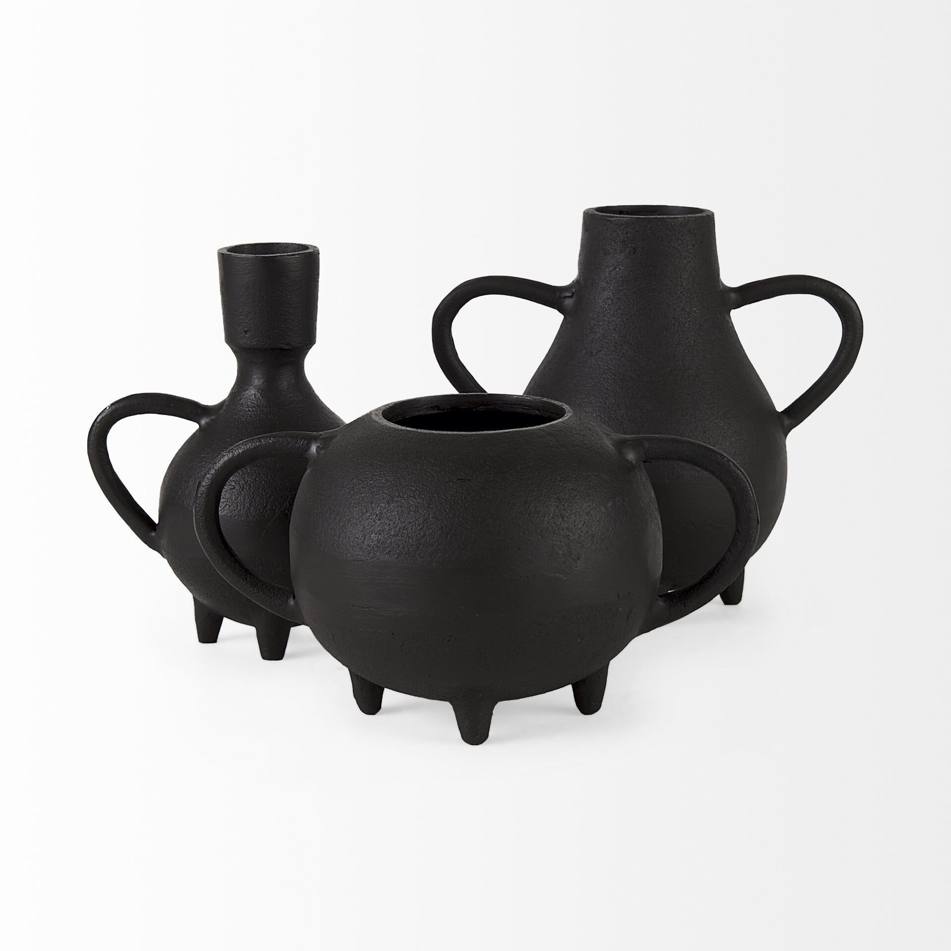 7 inch black ceramic round jug vase full product view, rustic matte distressed pitcher for home decoration
