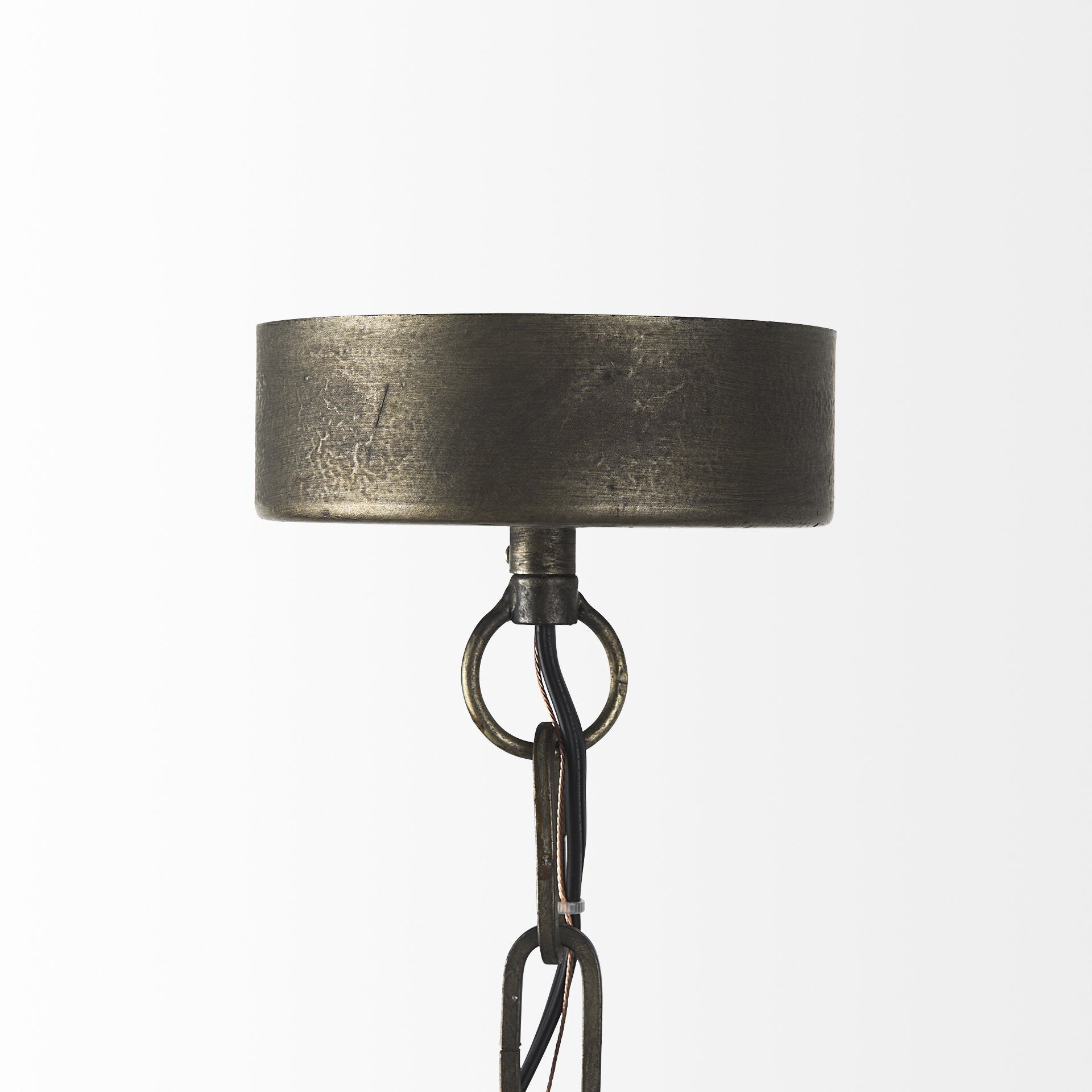 Black metal caged hanging light installed in modern kitchen interior
