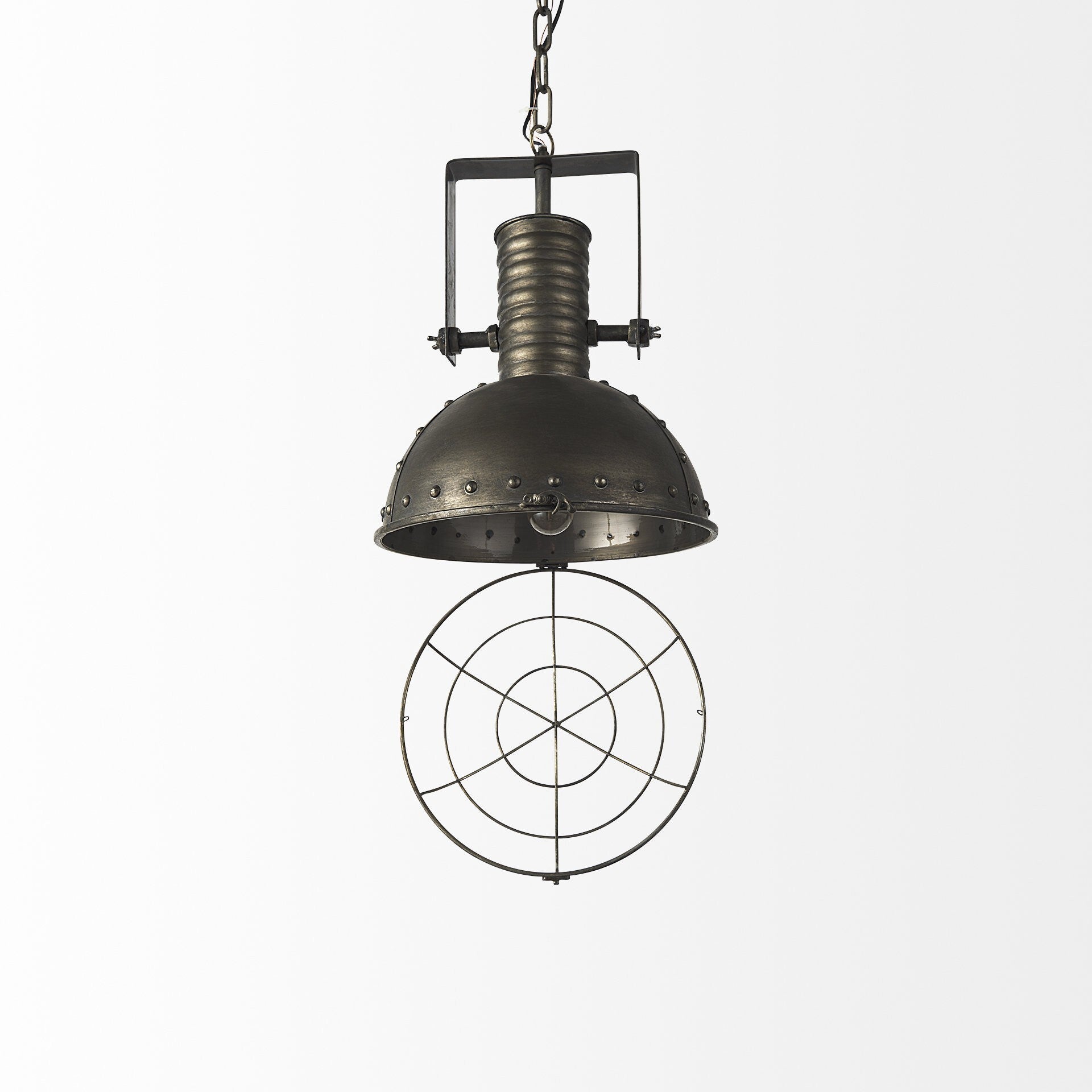Multiple black metal caged pendant lights creating industrial lighting design
