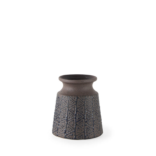 6 inch brown and blue tribal ceramic vase with geometric triangle pattern, speckled finish boho table decor
