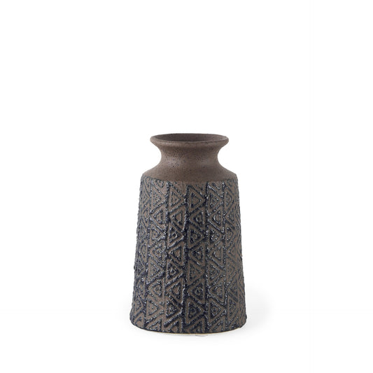 7-inch brown and blue tribal ceramic vase with geometric triangle pattern, speckled finish boho artisan home decor
