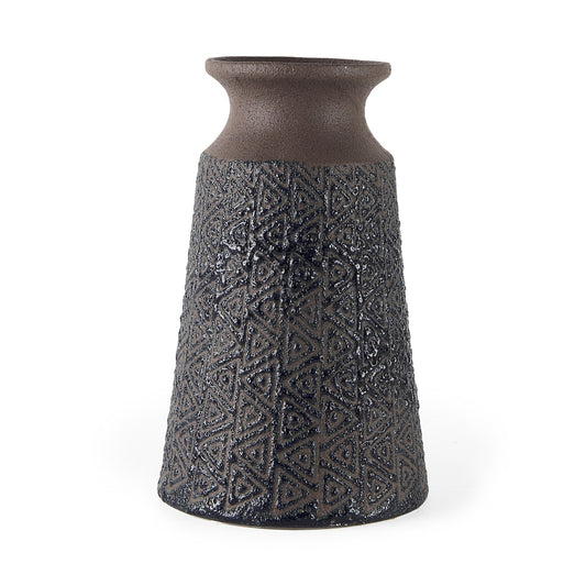 11 inch brown and blue tribal ceramic vase with embossed geometric triangle pattern, handcrafted decorative home decor piece for floral arrangements
