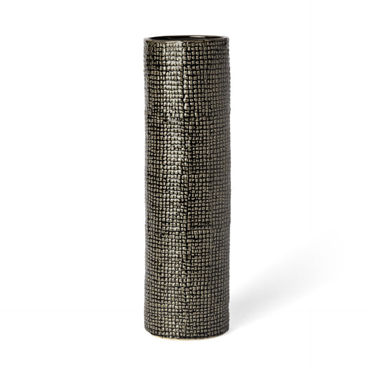 15 inch black and gold check tall ceramic vase with modern geometric square pattern and cylindrical shape
