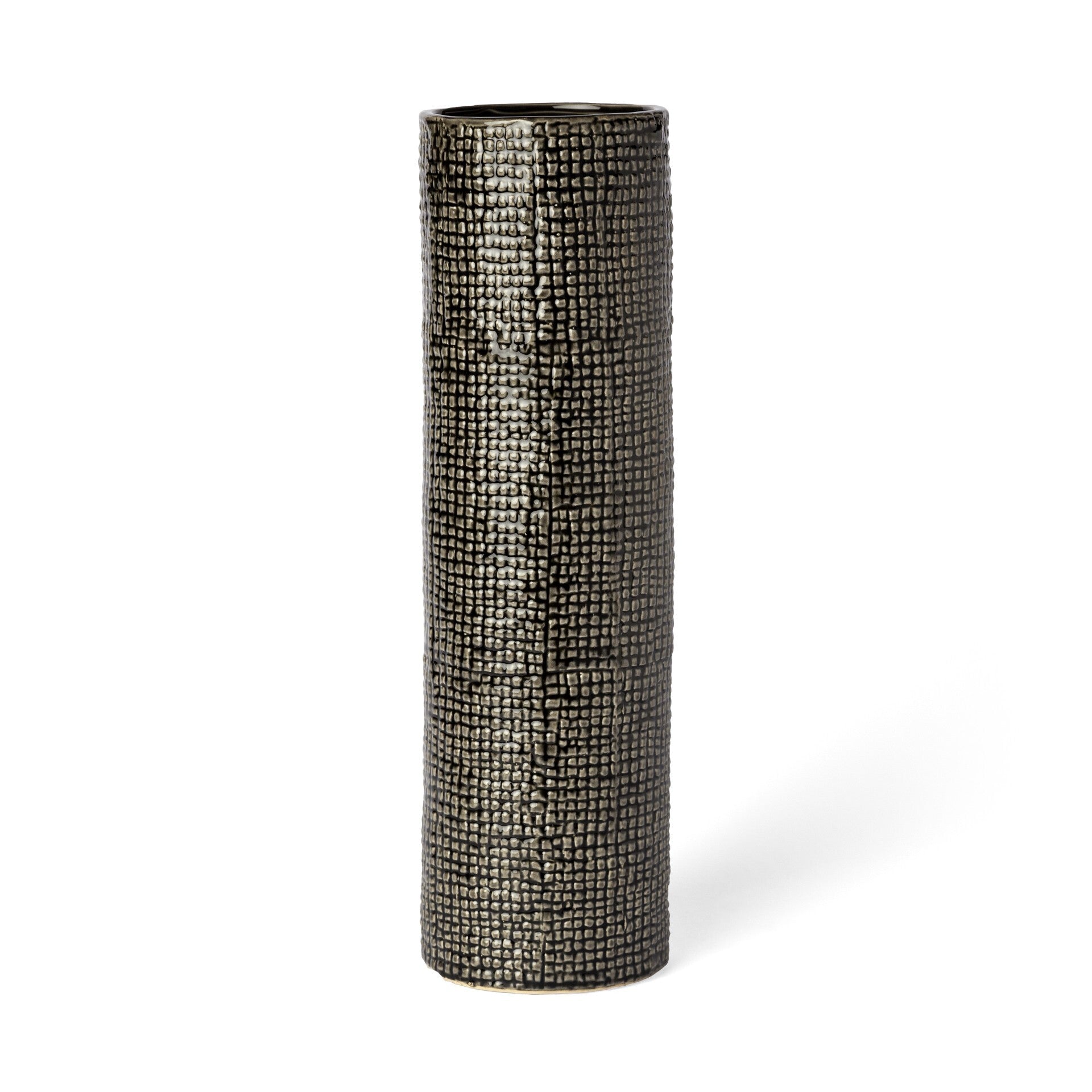Side view of contemporary ceramic vase showing luxurious gold and black check design pattern
