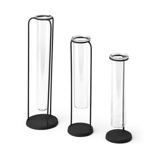 Set of 3 glass test tube vases with modern stand, scientific minimalist table decor
