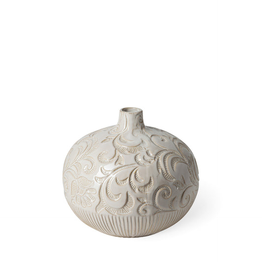 8-inch carved white ceramic vase with intricate hand-carved detailing, elegant textured table decor
