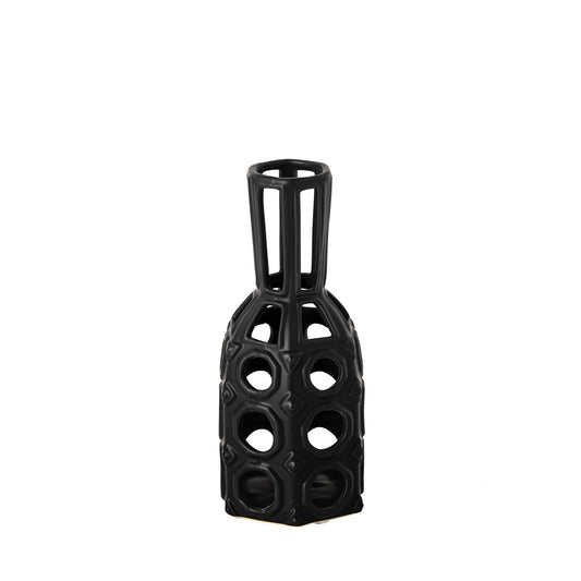 9 inch black pierced pattern ceramic vase with circular cutouts and semi-matte finish
