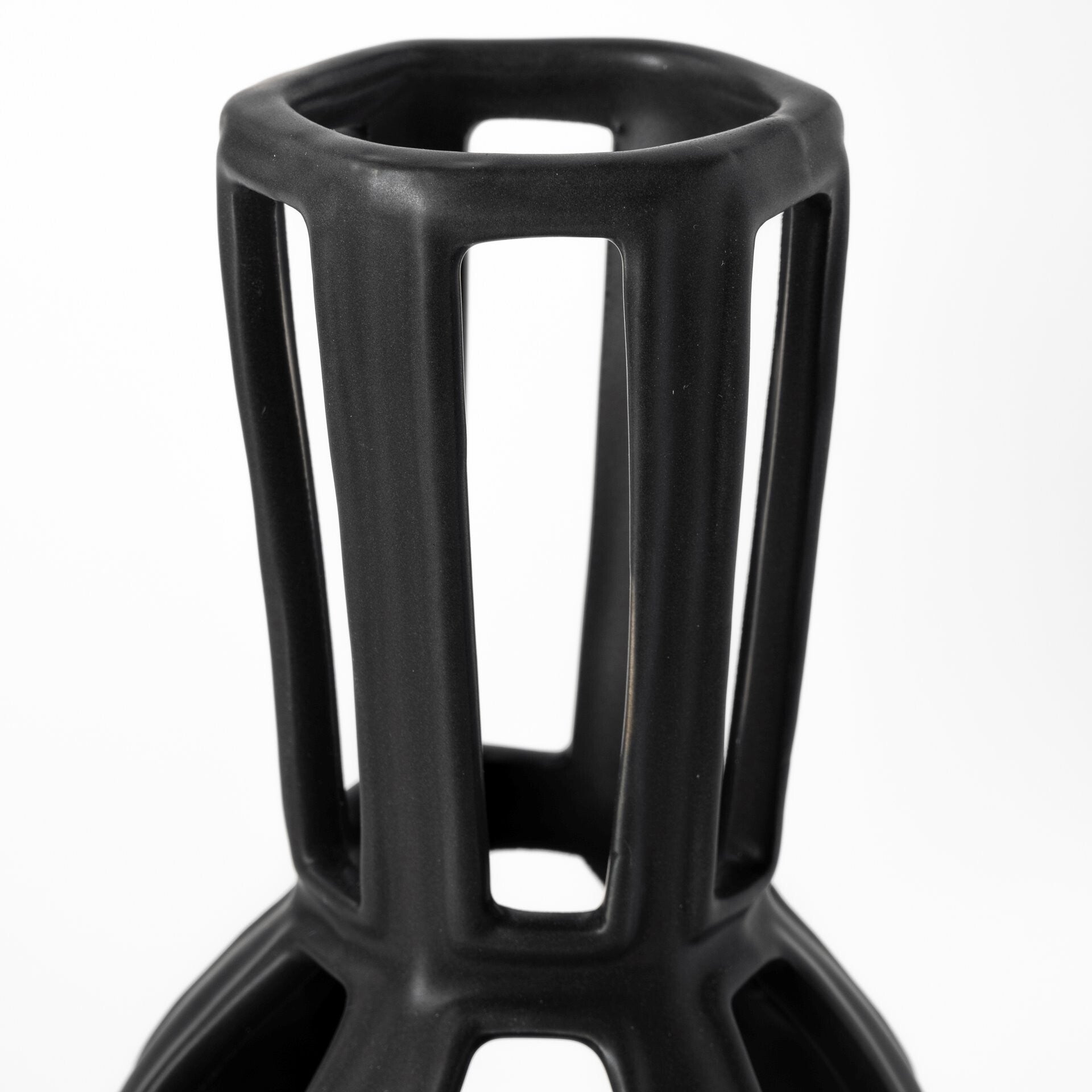 Top view of 9 inch black vase showing thin wire bottle neck design
