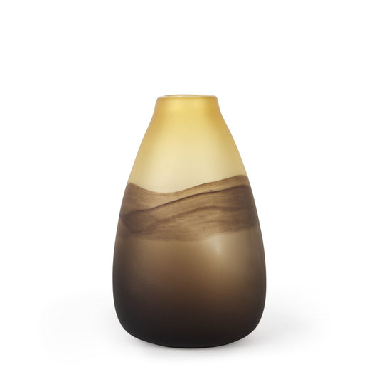11 inch brown and beige smoky sand dunes glass vase with ombre glaze and dark smoke stripe detail
