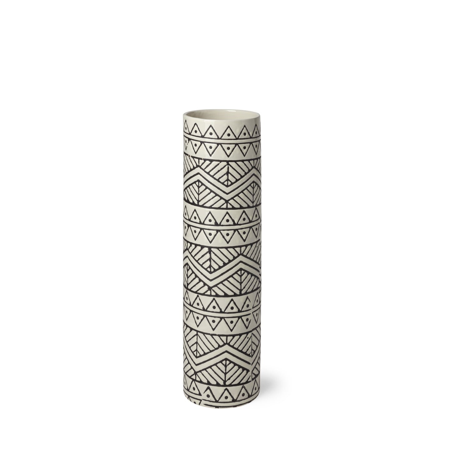 Close-up of cream ceramic vase showing geometric pattern details and high-quality construction with subtle elegant finish