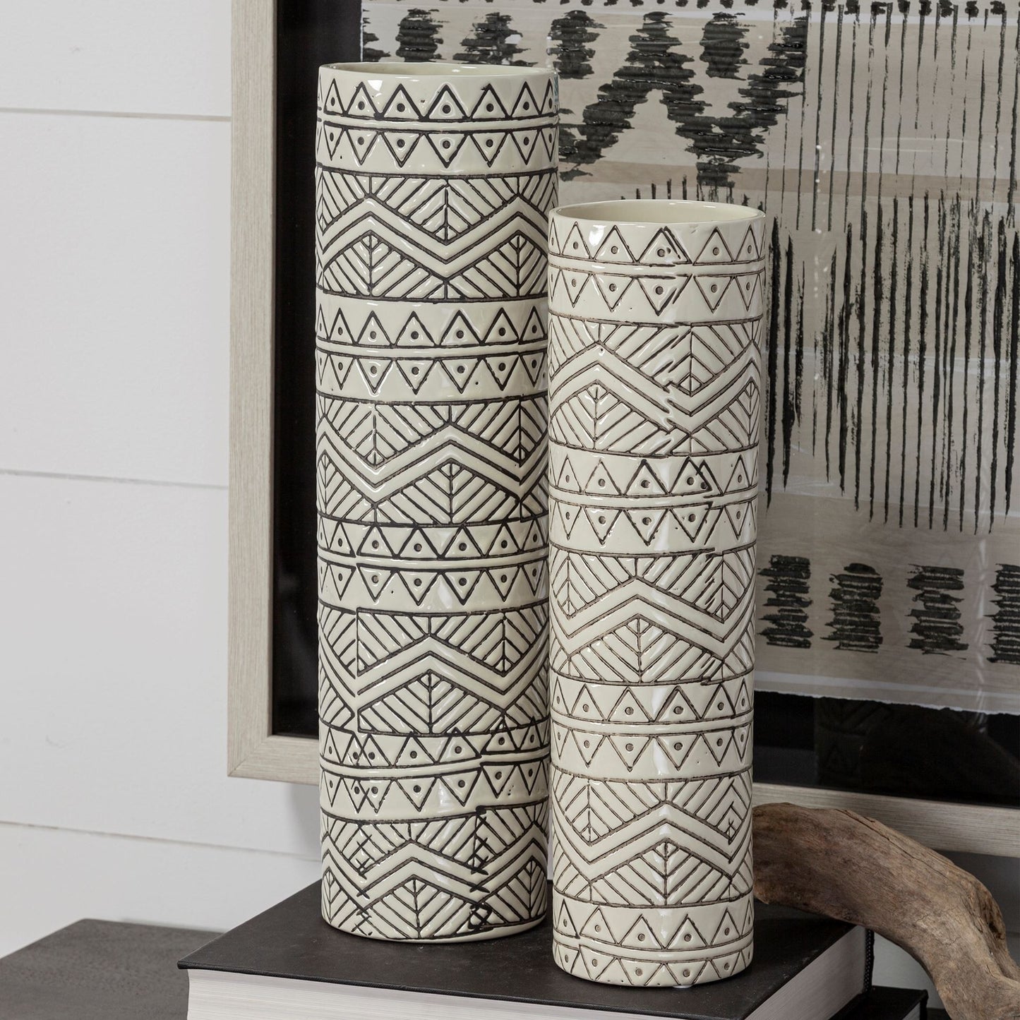 14 inch tall cream ceramic vase with geometric cylinder shape perfect for fresh flowers dried arrangements or standalone centerpiece
