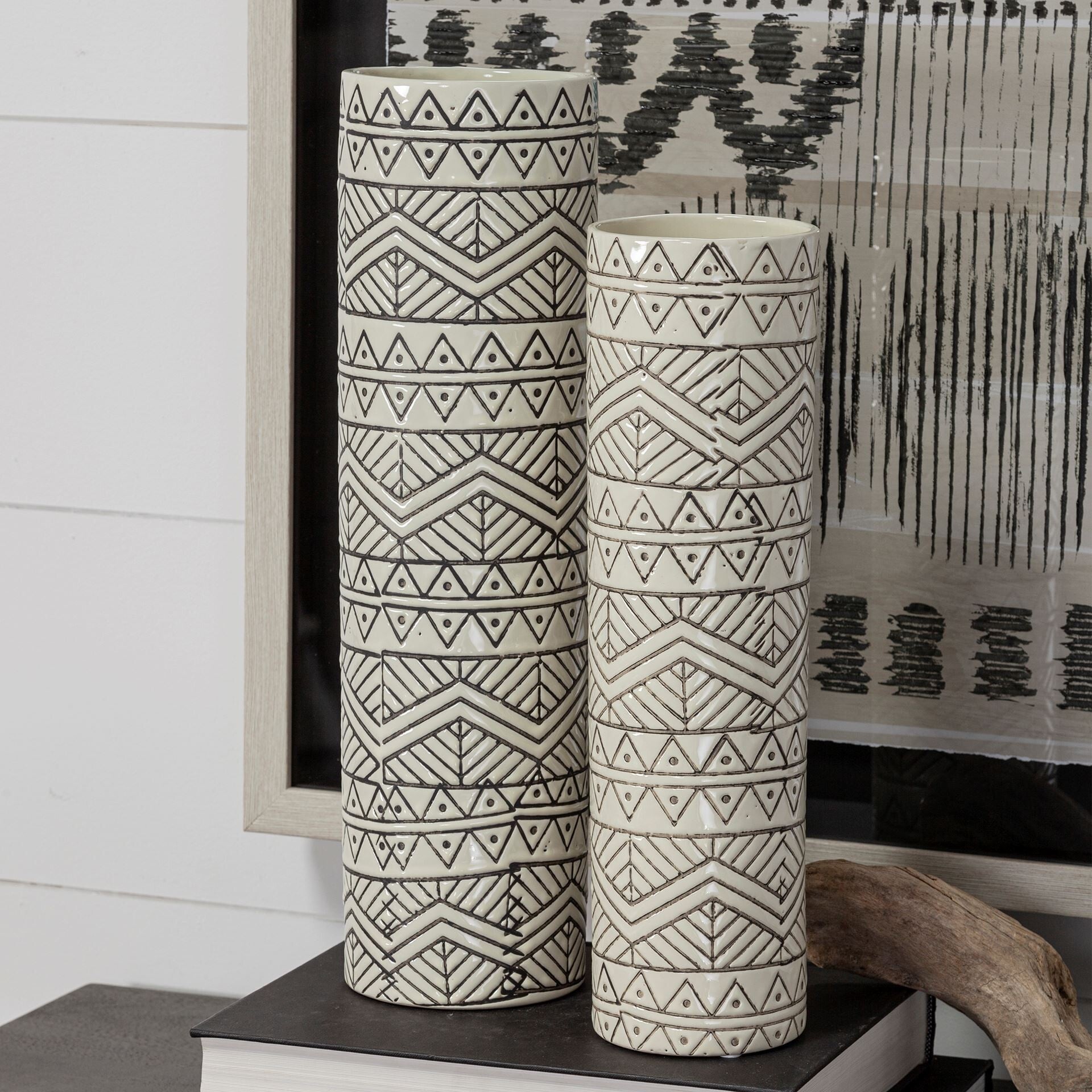 14 inch tall cream ceramic vase with geometric cylinder shape perfect for fresh flowers dried arrangements or standalone centerpiece
