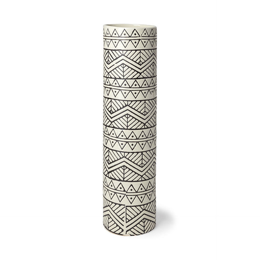 17 inch cream and charcoal geometric cylinder ceramic vase with tribal boho pattern, modern table or floor decor
