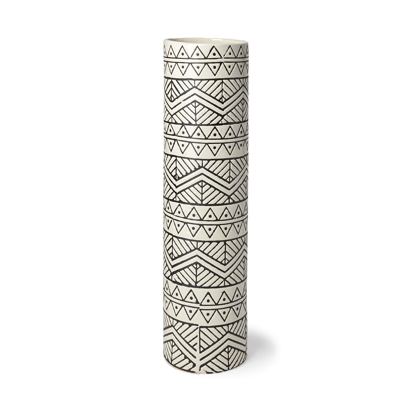 Cream charcoal ceramic vase showing geometric tribal pattern and sleek cylindrical shape
