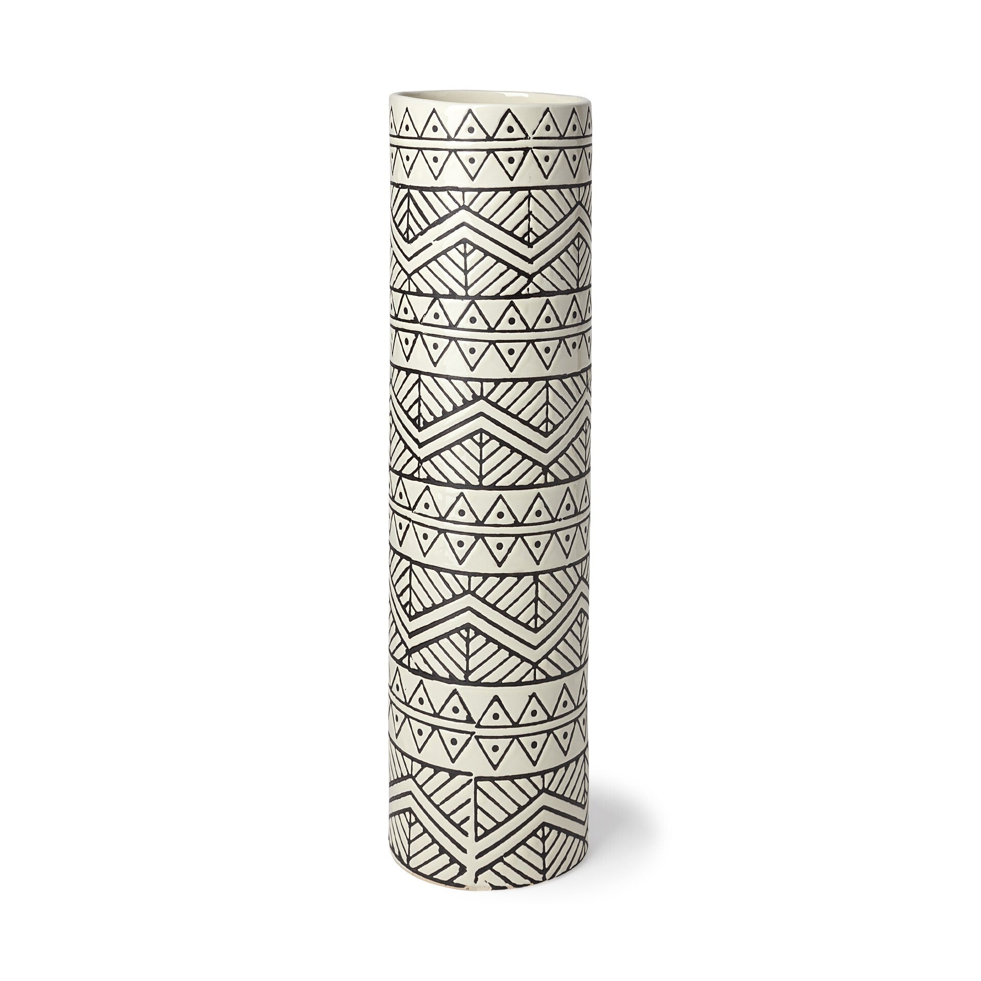 Cream charcoal ceramic vase showing geometric tribal pattern and sleek cylindrical shape
