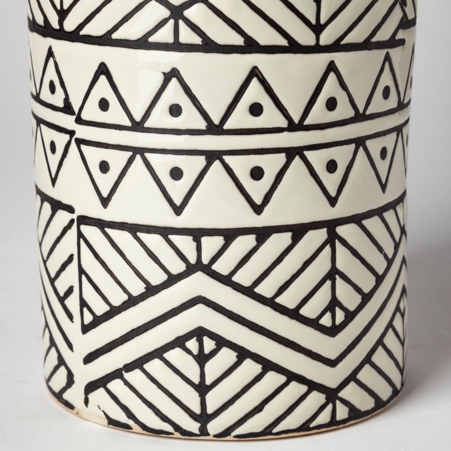 Tribal pattern ceramic vase displaying modern bohemian design and sophisticated color scheme
